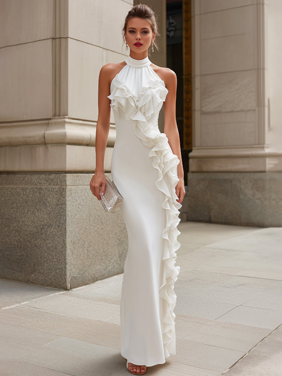 Halter Neck Ruffle Trim Maxi Dress
