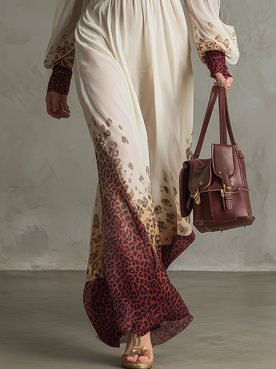 Elegant Vacation-style Printed Off-white Chiffon Off-the-shoulder Long-sleeved Maxi Dress