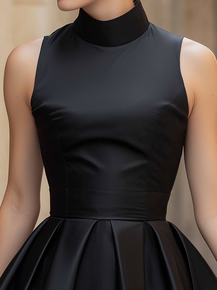 Black Sleeveless High-Neck Fit-and-Flare Mini Dress