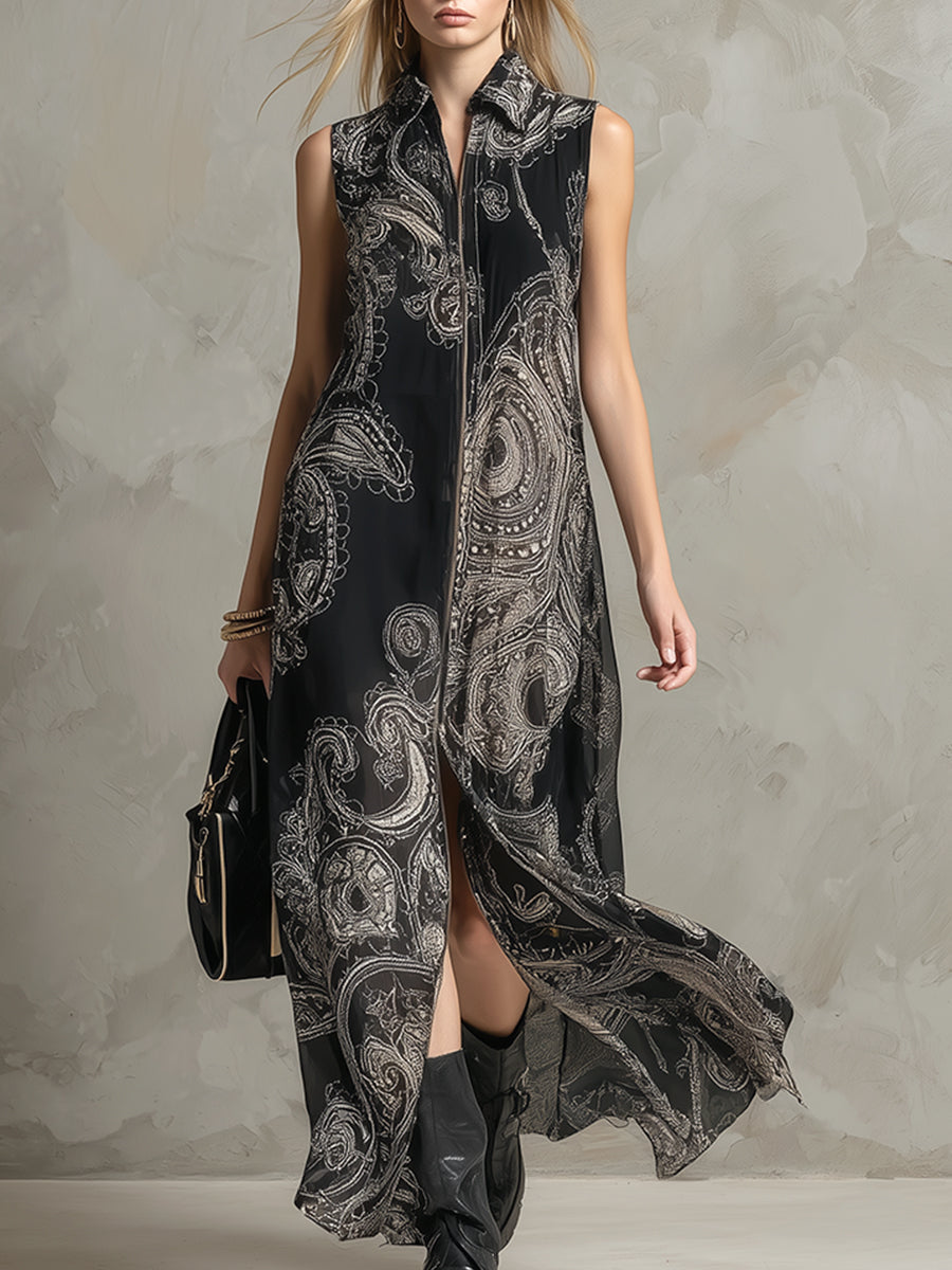Vintage Elegant Lapel Collar Front Zipper Black Printed Chiffon Sleeveless Maxi Dress