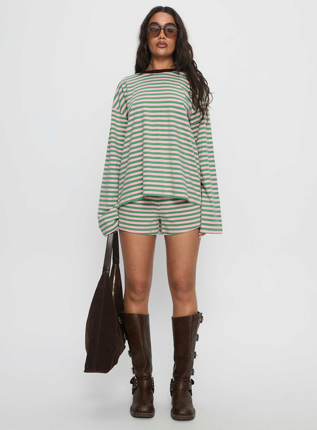 Settle Down Long Sleeve Top Green / Pink Stripe