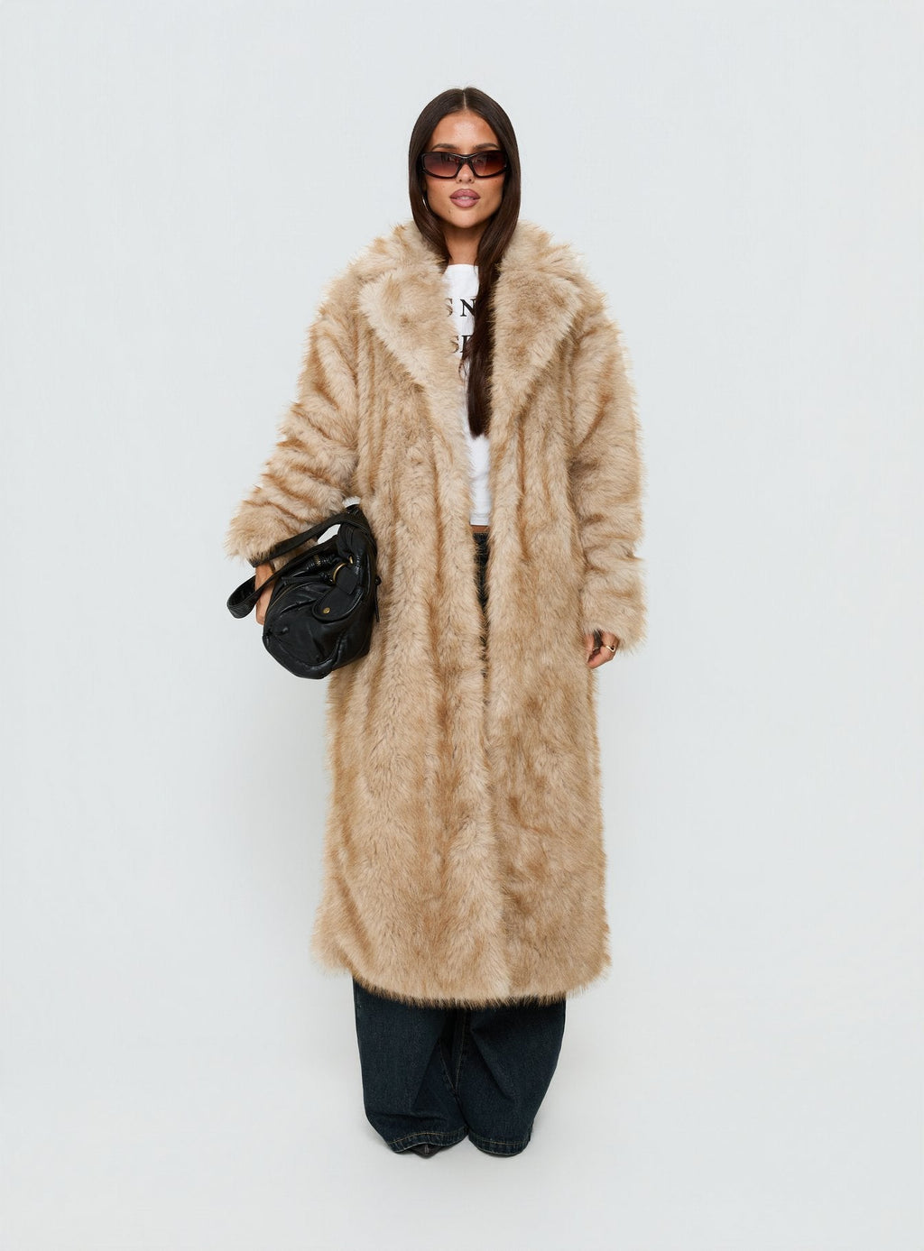 End Of Beginning Faux Fur Longline Jacket Beige