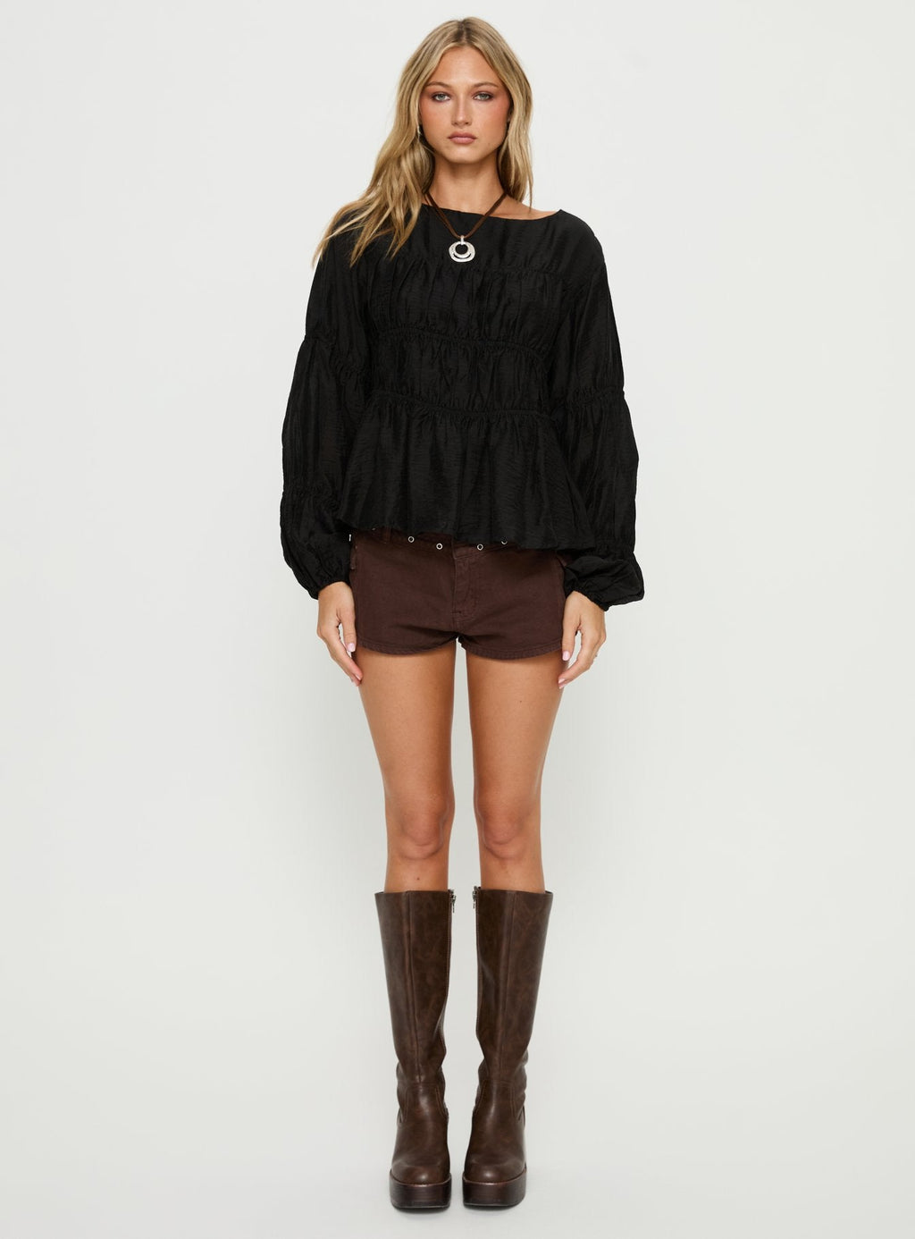 Xamira Ruched Long Sleeve Top Black