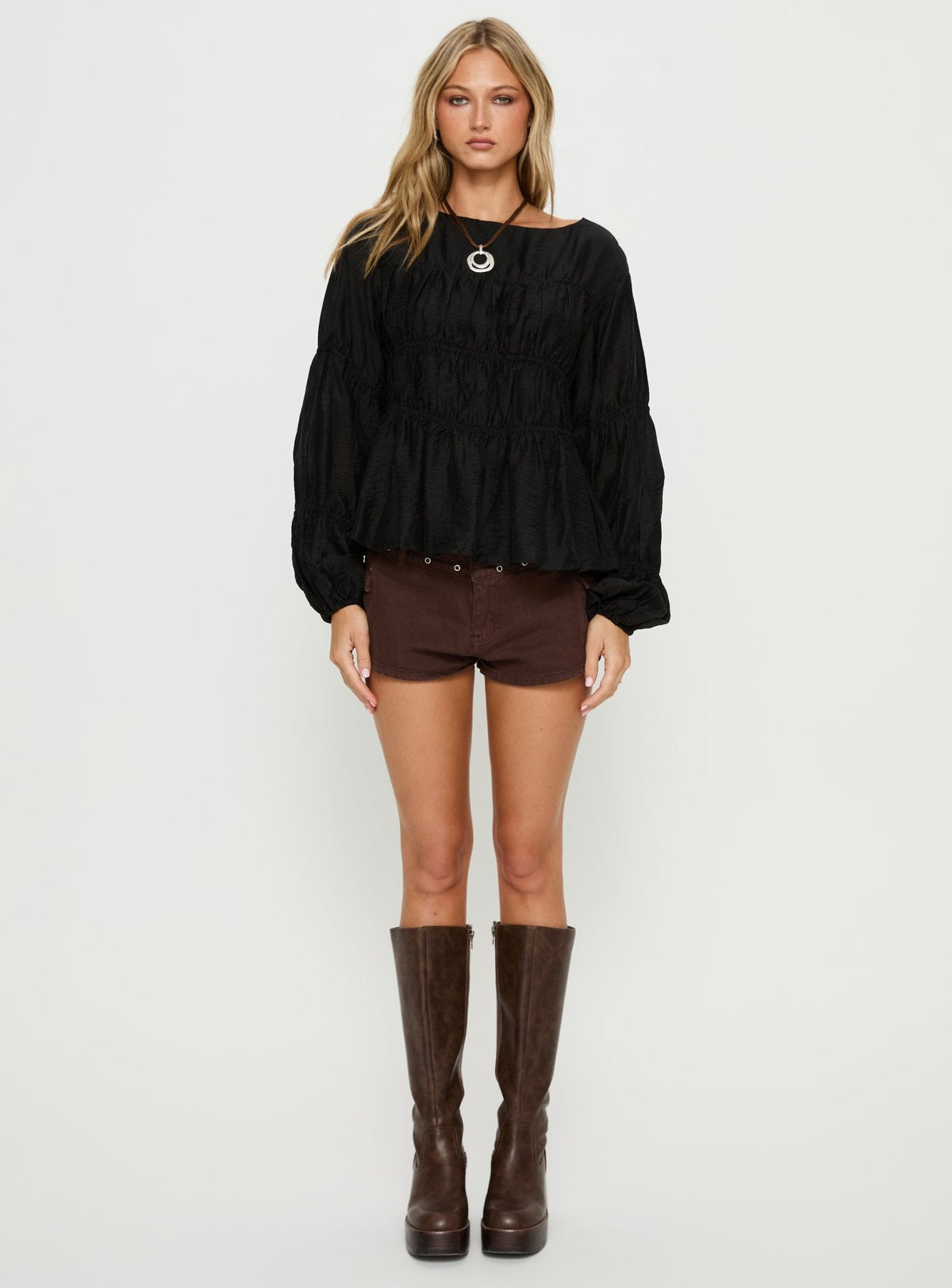 Xamira Ruched Long Sleeve Top Black