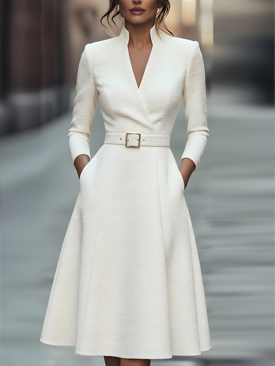 White Textured Belted Midi Dress With V-Neckline