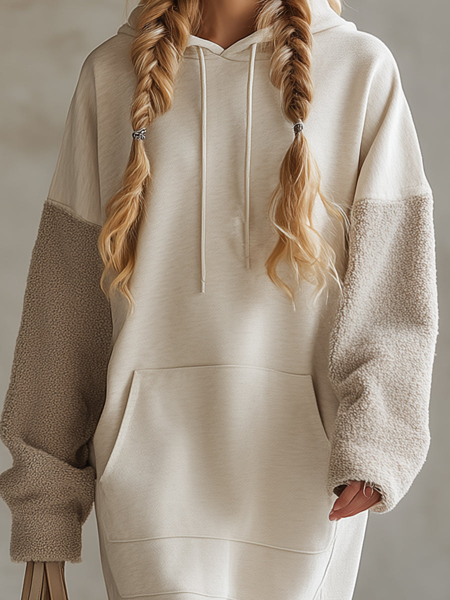Fashionable Loose Hooded Polar Fleece Sleeve Beige Sweatshirt Midi Dress
