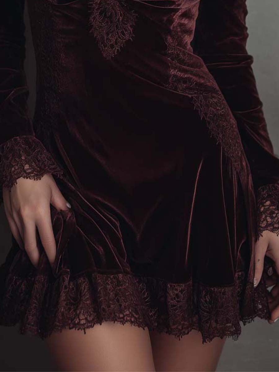 Polyester Velvet Lace Trim Mini Dress - Burgundy