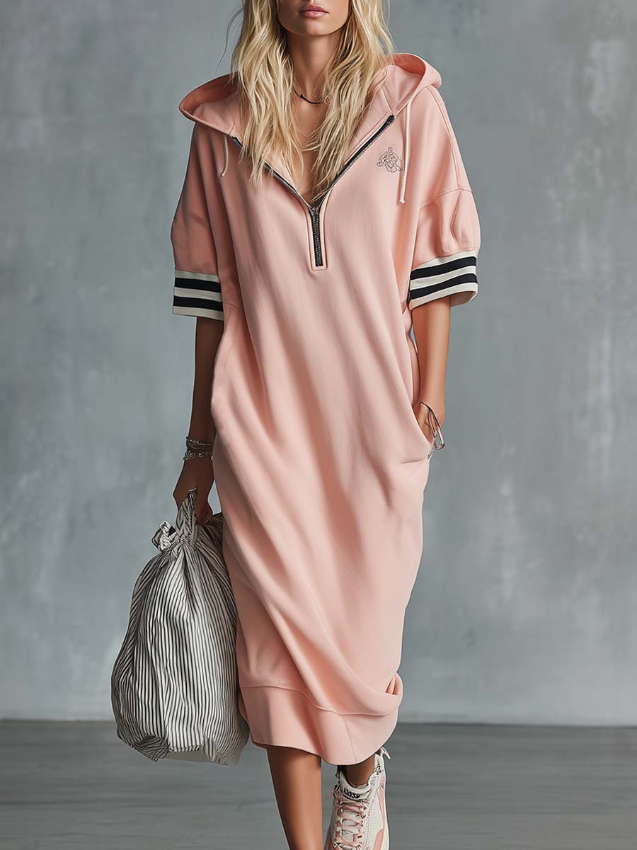 Casual Fashion Sporty Hooded Front Zipper Short-sleeved Cherry Blossom Pink Cotton Midi Dress