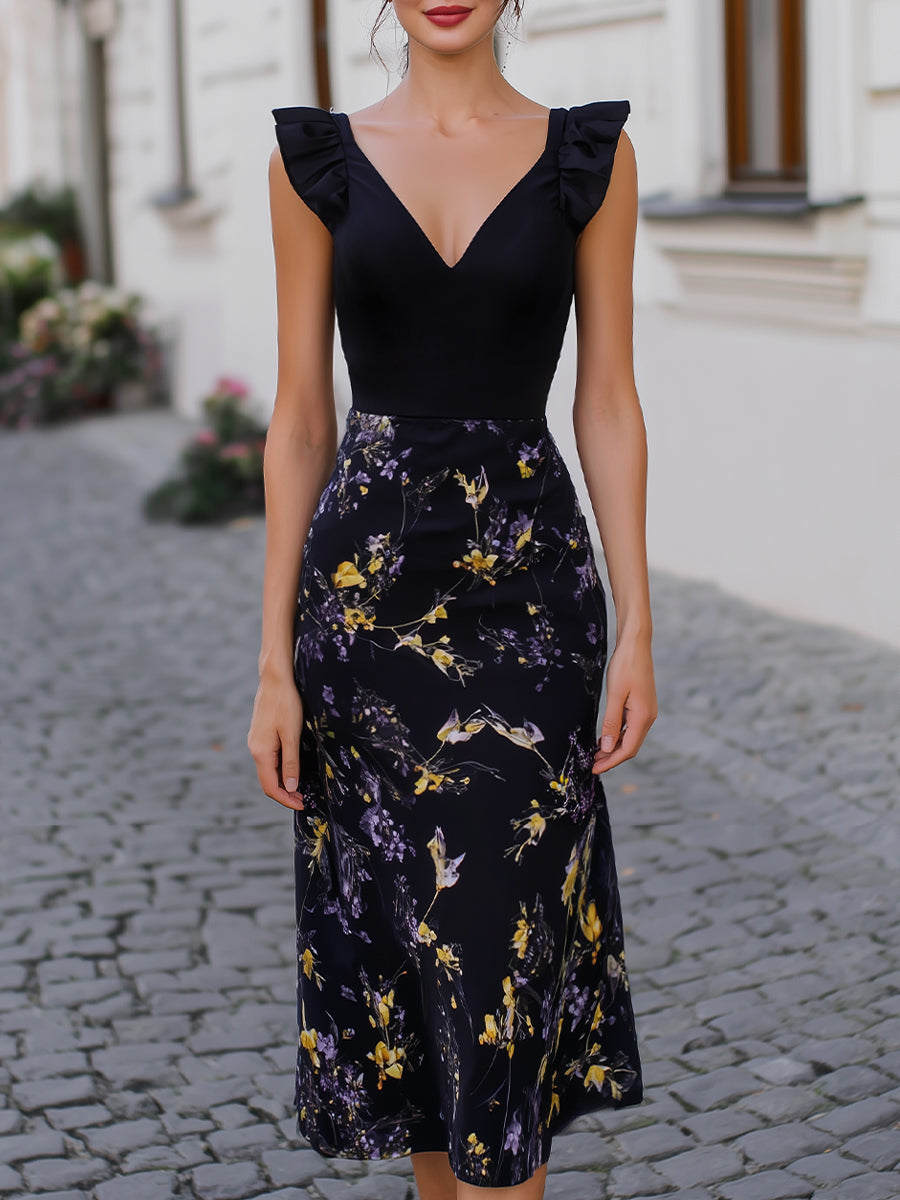 V-Neck Ruffle-Shoulder Floral Midi Dress