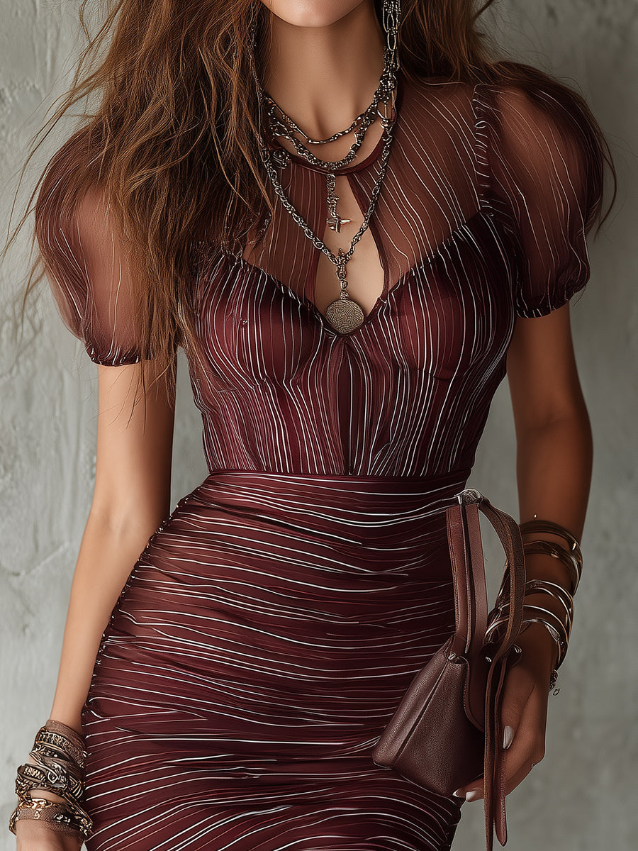 Elegant Striped Keyhole Neckline Mini Dress