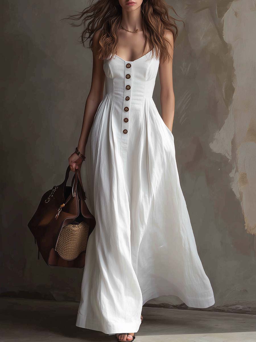 Vintage Pleated Waist Cotton Linen Maxi Dress