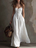 Vintage Pleated Waist Cotton Linen Maxi Dress