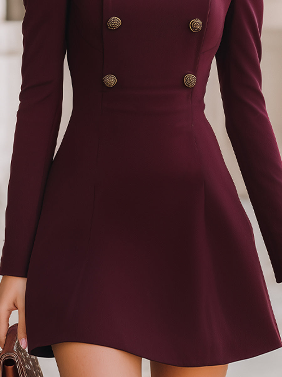 Vintage Stand Collar Double-Breasted Waist-Cinched A-Line Dress