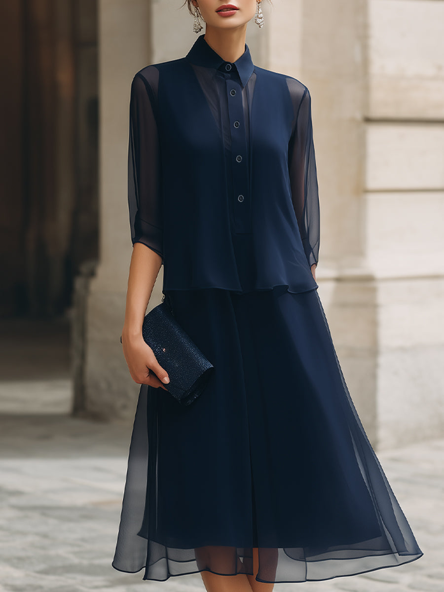 Button-Front Sheer Overlay Midi Dress