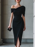 Black Asymmetric Off-Shoulder Midi Dress