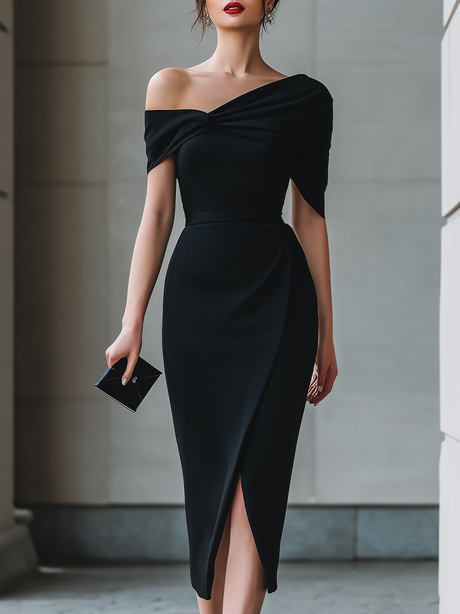 Black Asymmetric Off-Shoulder Midi Dress