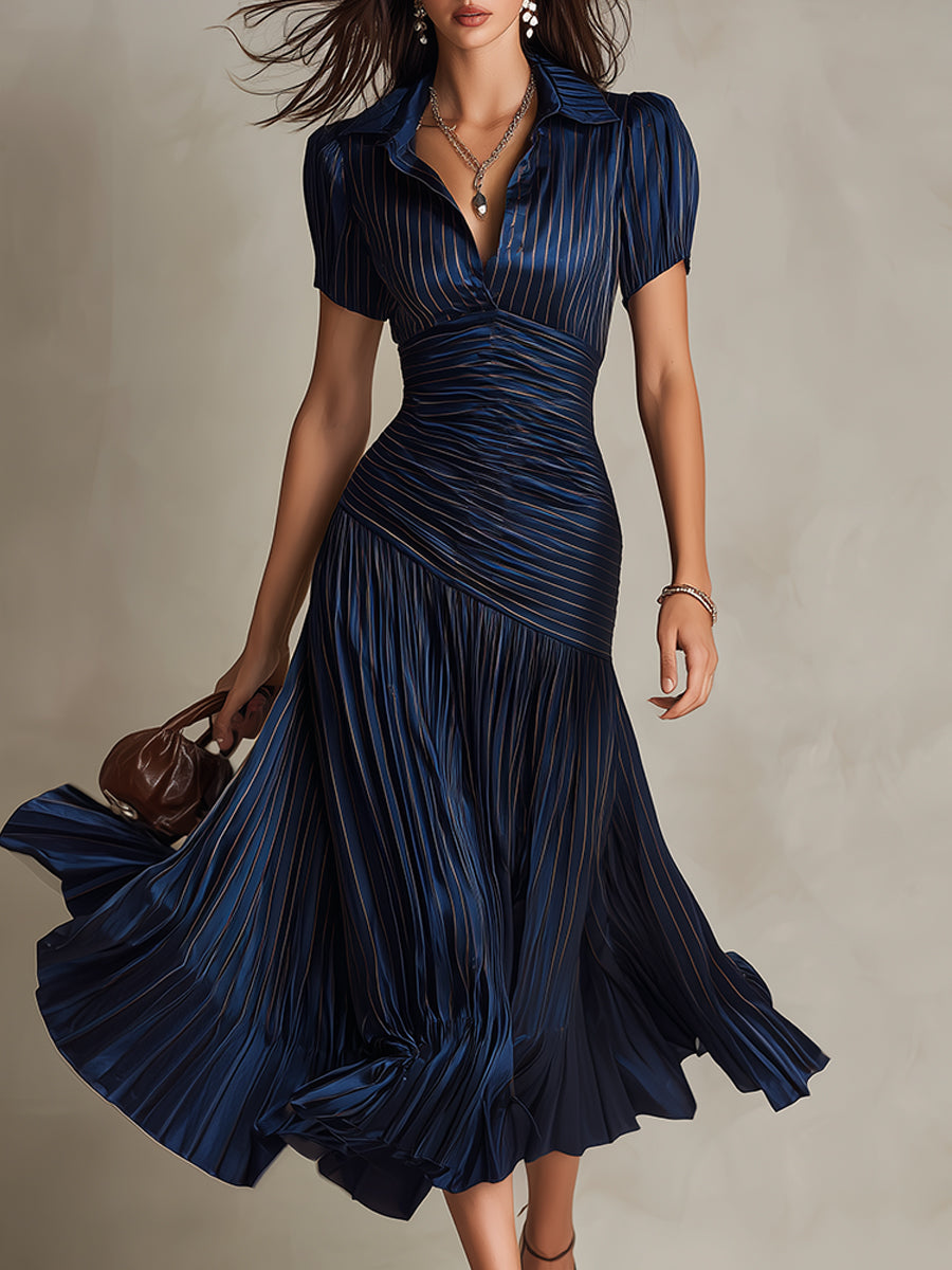 Retro Striped Satin Pleated Bodycon Midi Dress