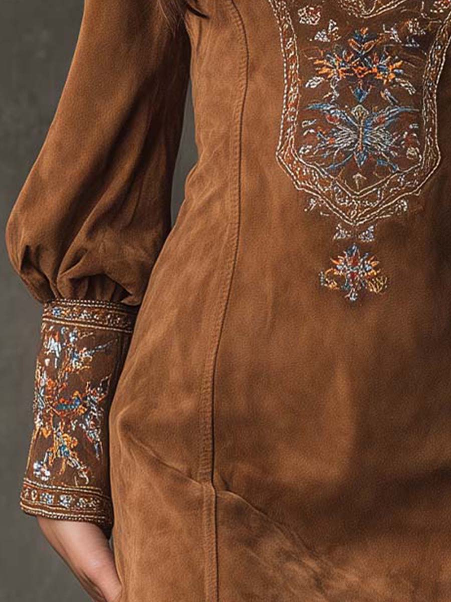Vintage Suede Embroidered Mini Dress With Long Sleeves