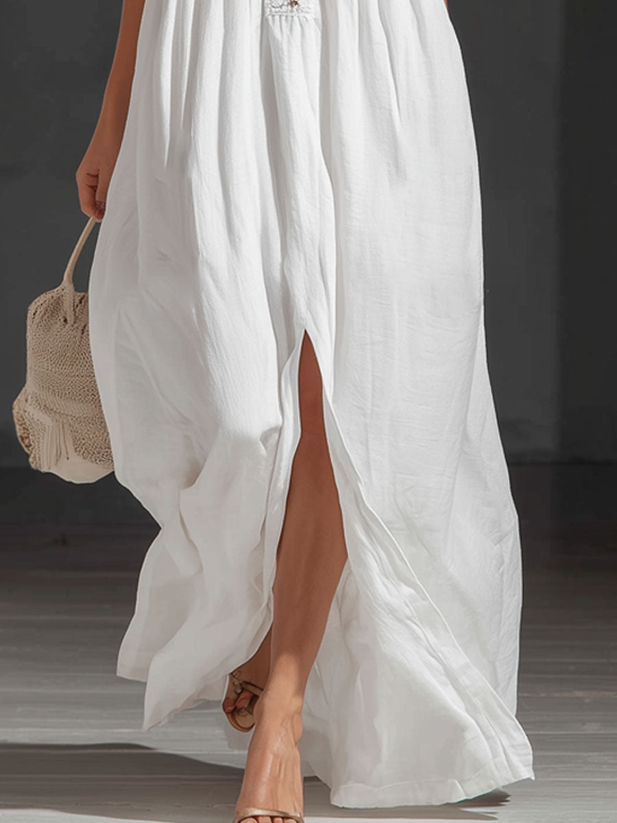 Stand-collar Ruffled Lace-trimmed Sleeveless Maxi Dress