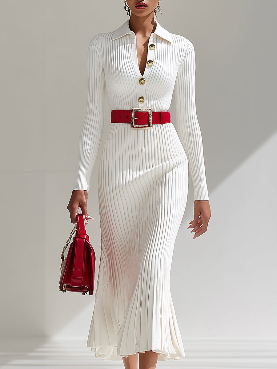 ¡¾24-hour shipping out¡¿White Wool Lapel Button Design Maxi Dress