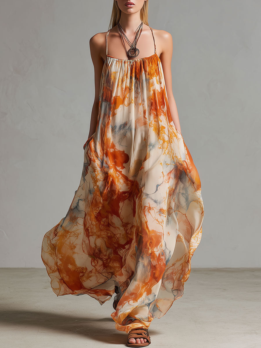 Vintage Marble Pattern Orange Chiffon Sleeveless Maxi Dress