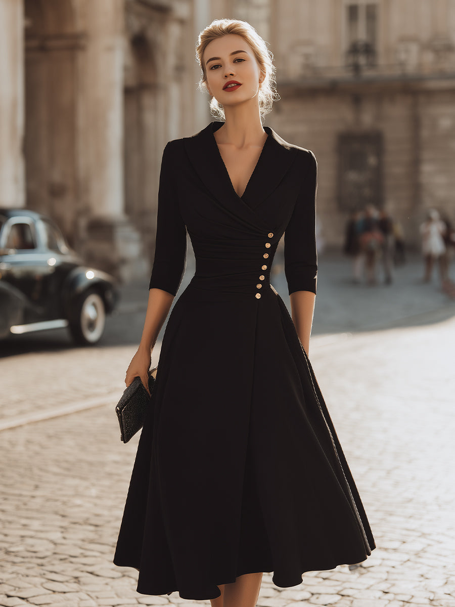Wrap-Style V-Neck Midi Dress With Decorative Button Detail