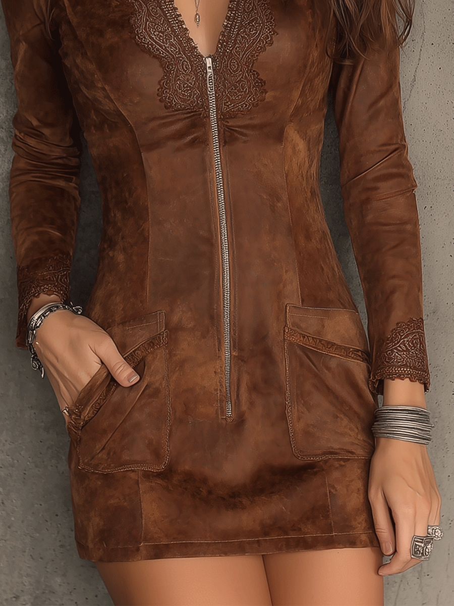 Vintage Caramel Brown Lace Trim And Zip Front Suede Mini Dress