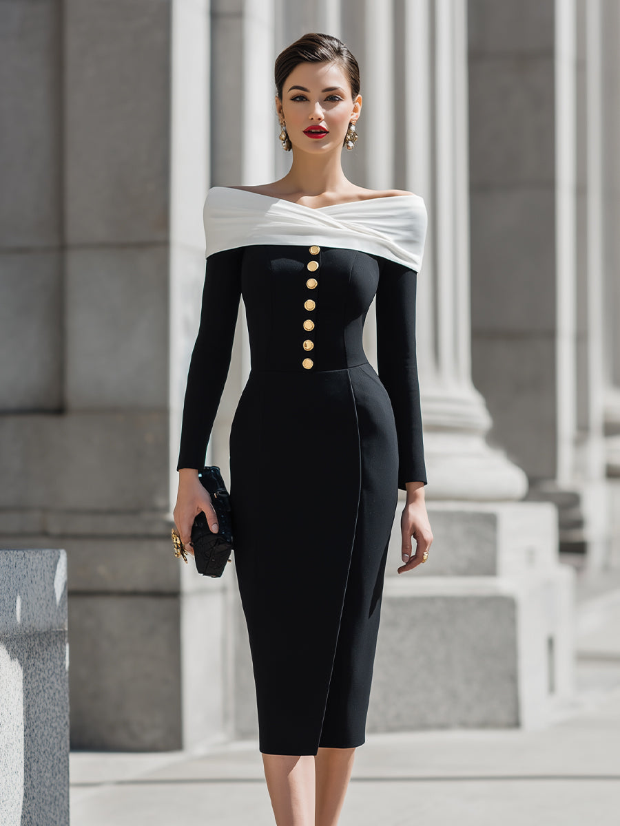 Off-Shoulder Button-Front Pencil Dress