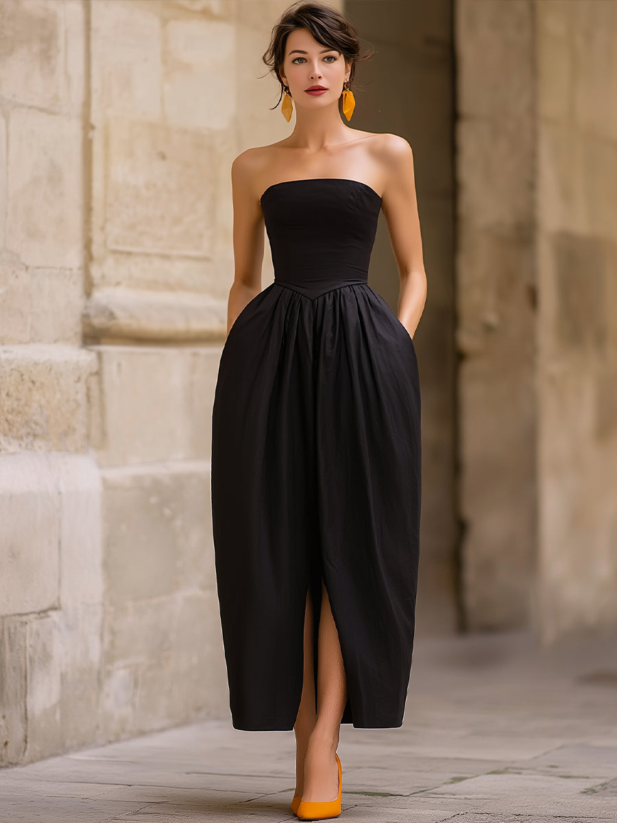 Elegant Strapless Structured Dress With Front Slit