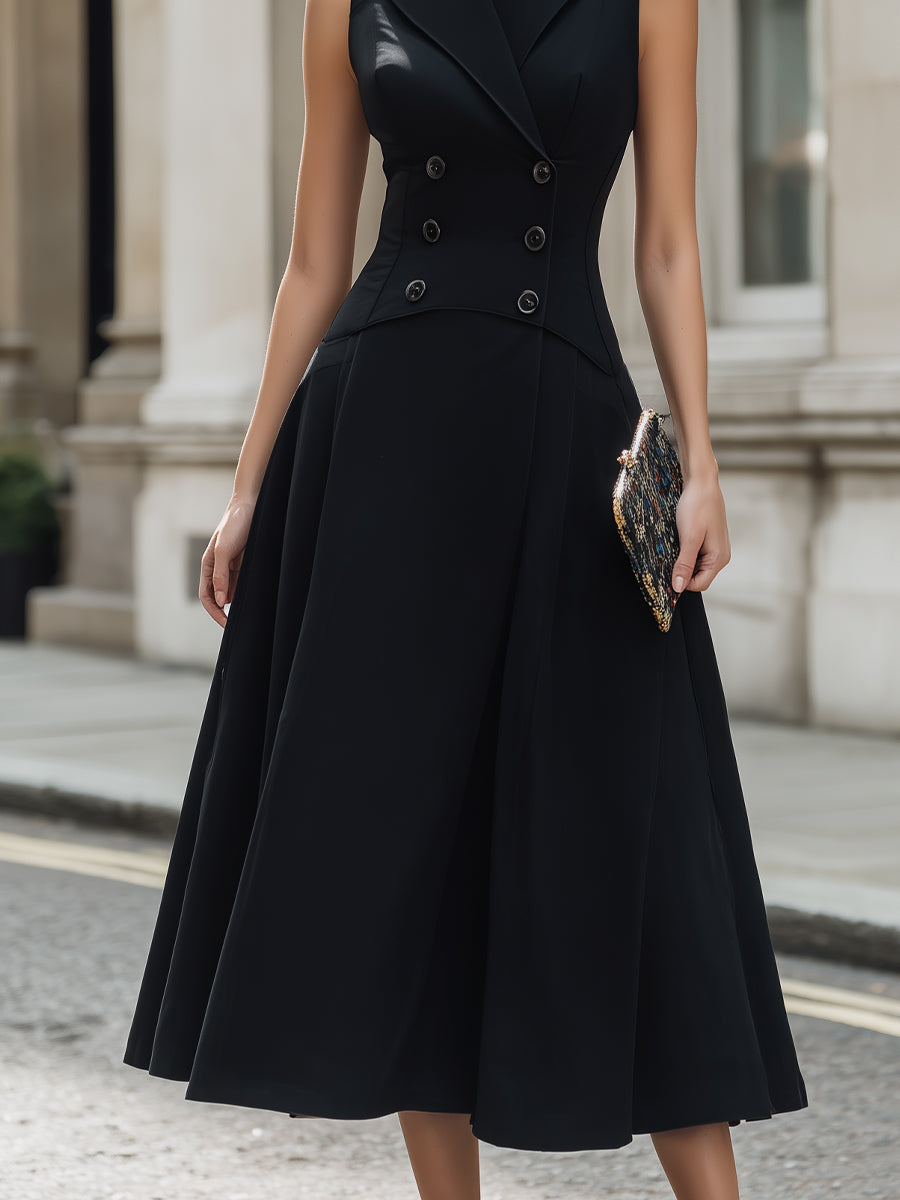 Tailored Sleeveless Double-Breasted Vest Midi Dress