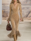 Retro Western Style V-neck Fringed Faux Suede Maxi Dress