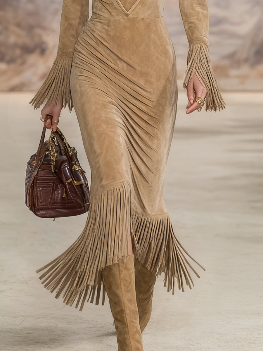 Retro Western Style V-neck Fringed Faux Suede Maxi Dress