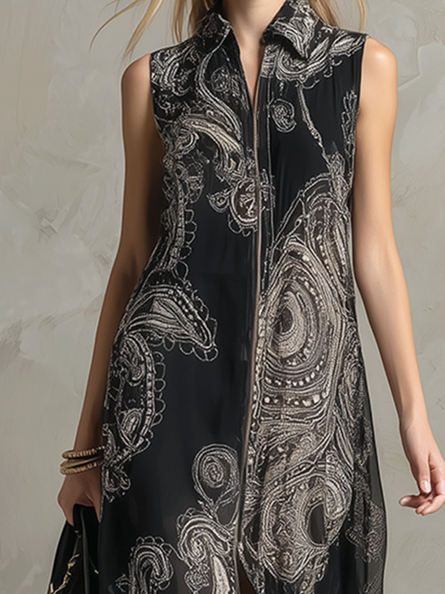 Vintage Elegant Lapel Collar Front Zipper Black Printed Chiffon Sleeveless Maxi Dress