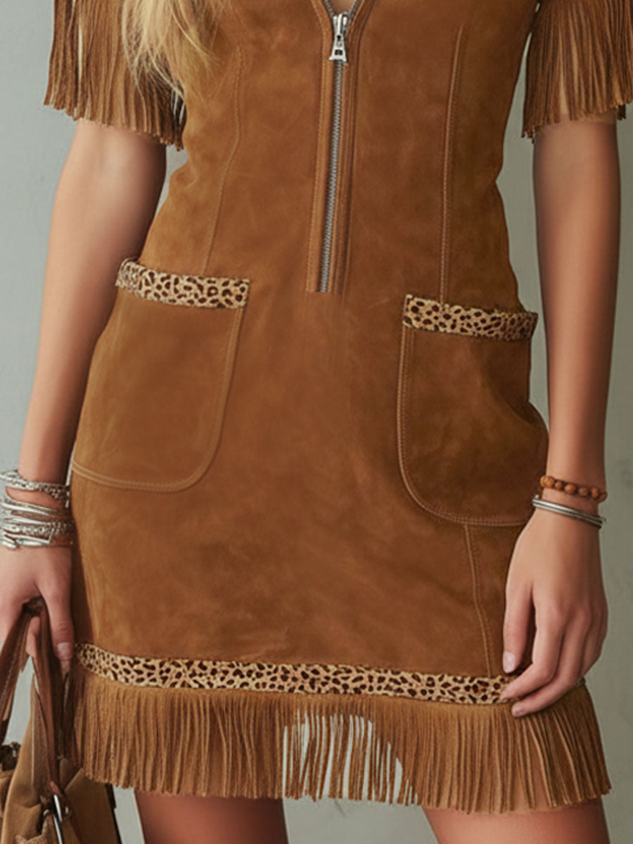 Leopard Print Lapel Zip-up Double Pocket Faux Suede Sleeveless Maxi Dress