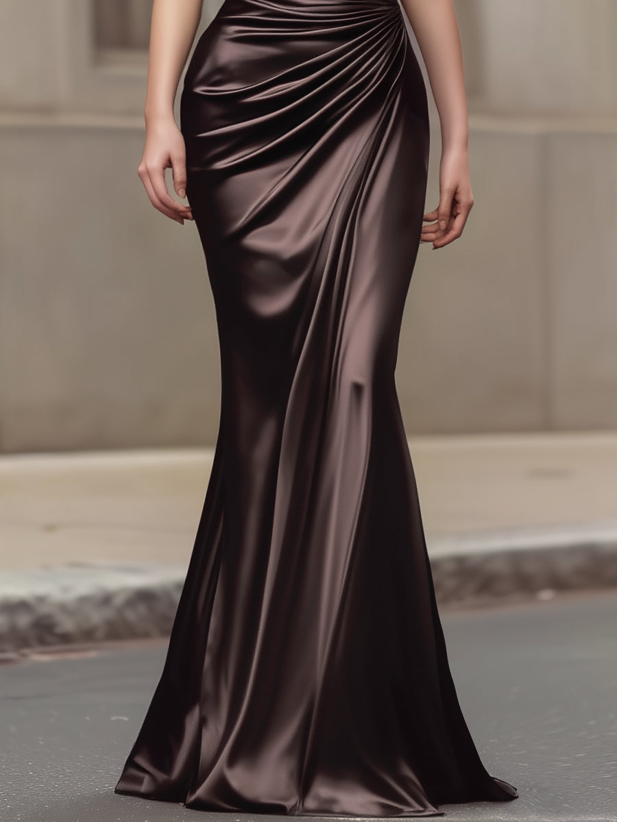 Halter Neck Draped Satin Column Maxi Dress