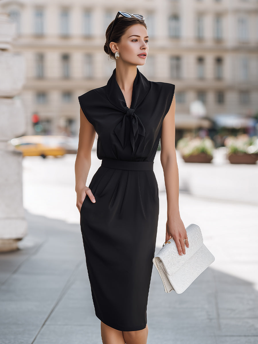Sleeveless Tie-Neck Draped Pencil Dress With Defined Waist