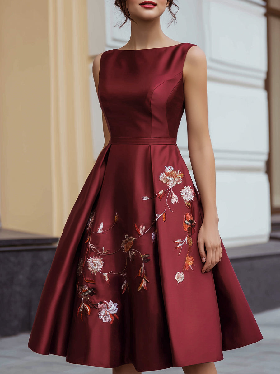 Satin Embroidered A-Line Sleeveless Midi Dress