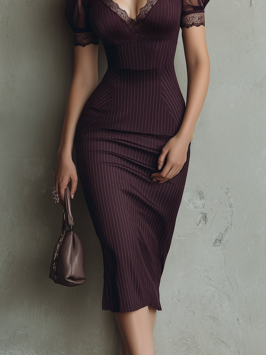 Elegant Striped Bodycon Midi Dress With Lace Trim