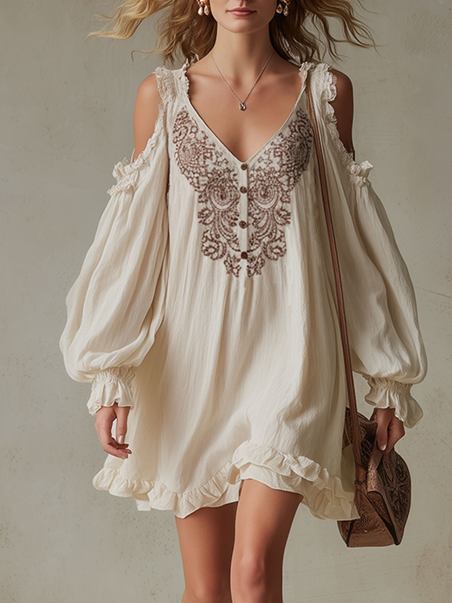 Western Retro Embroidered Beige Long-Sleeved Cotton Linen Mini Dress
