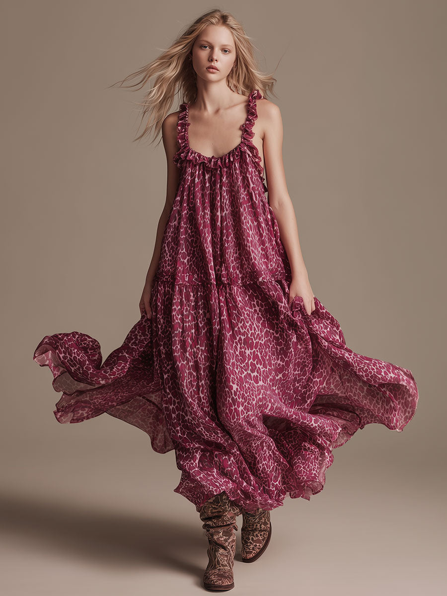 Stylish Retro Pink Leopard Print Strappy Chiffon Maxi Dress