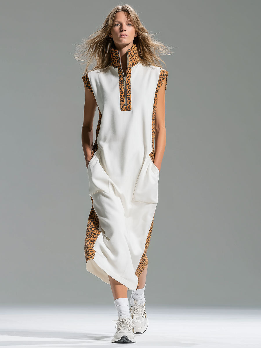 Stand Collar Leopard Print Patchwork Double Pocket Sleeveless Midi Dress
