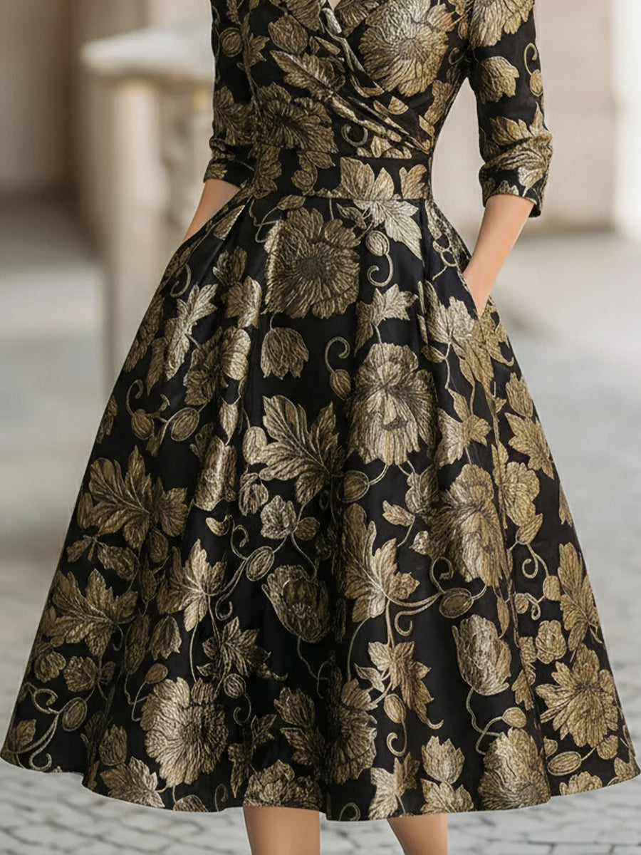 Mooyius Black & Gold Jacquard Floral Midi Dress