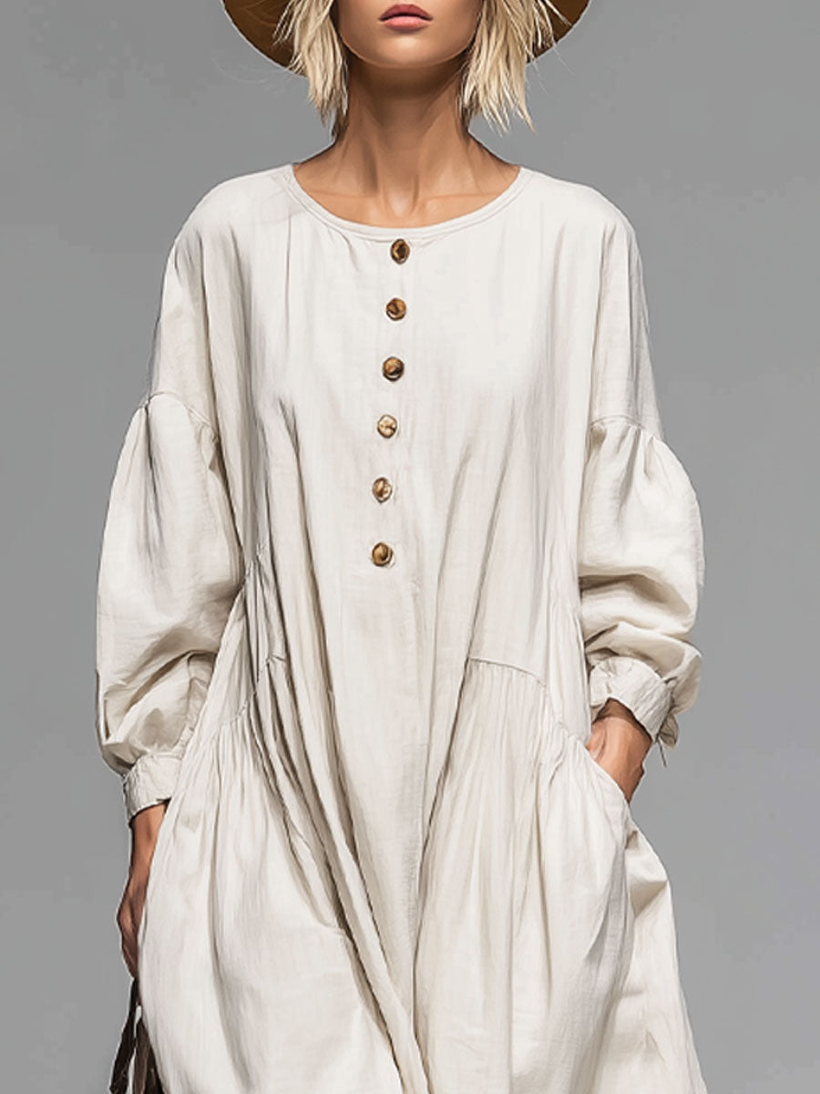 Loose Round-neck Button-front Double-pocket Cotton Long-sleeved Midi Dress