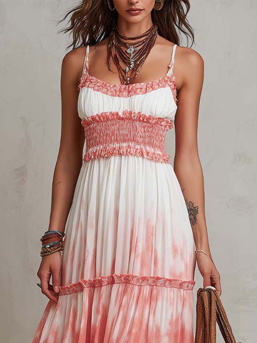 Bohemian Ombr¨¦ Print Smocked Maxi Dress