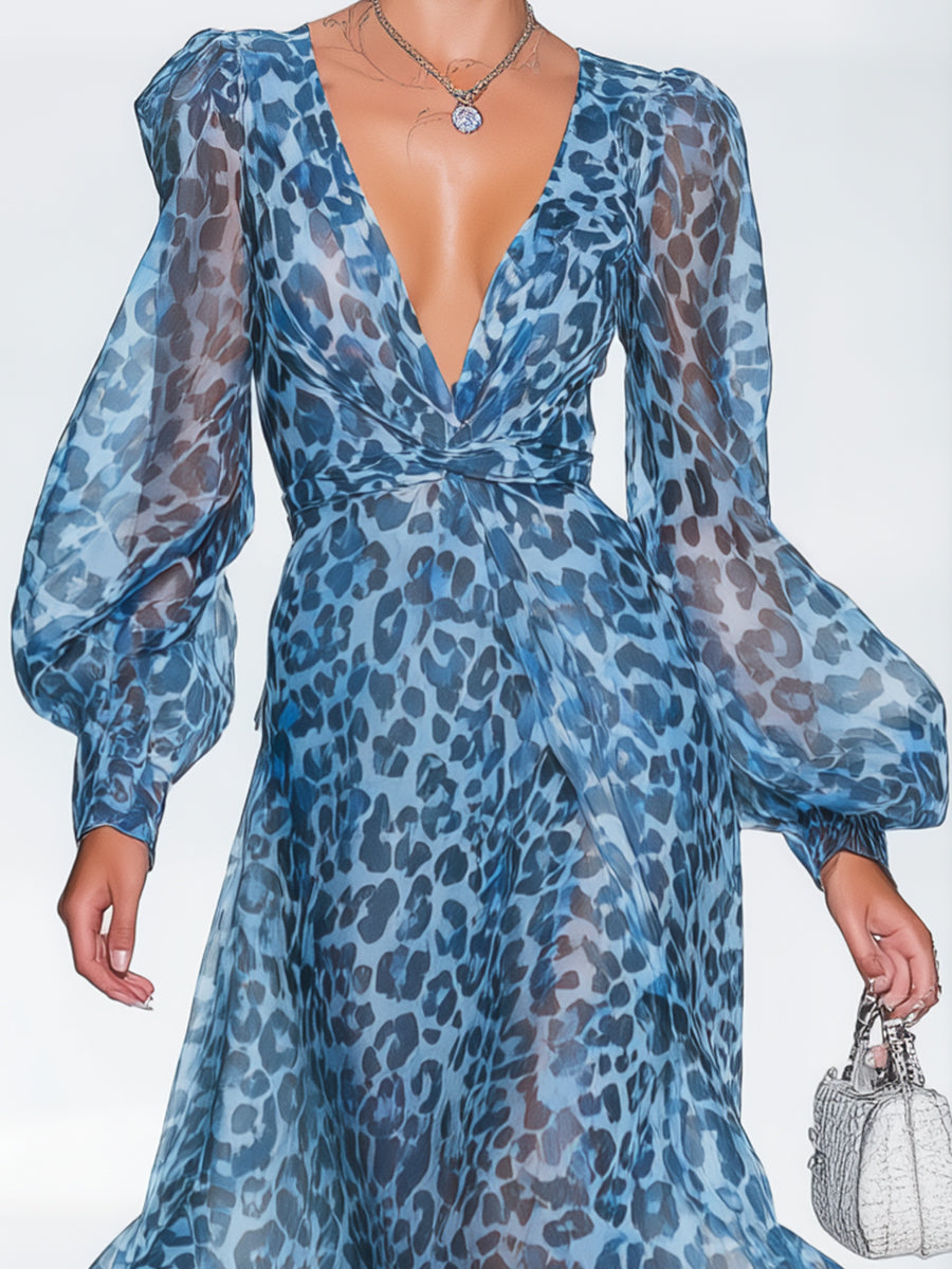 ¡¾24-hour shipping out¡¿Elegant And Fashionable Chiffon Blue Leopard Print Long Sleeve V-neck Flowing Maxi Dress