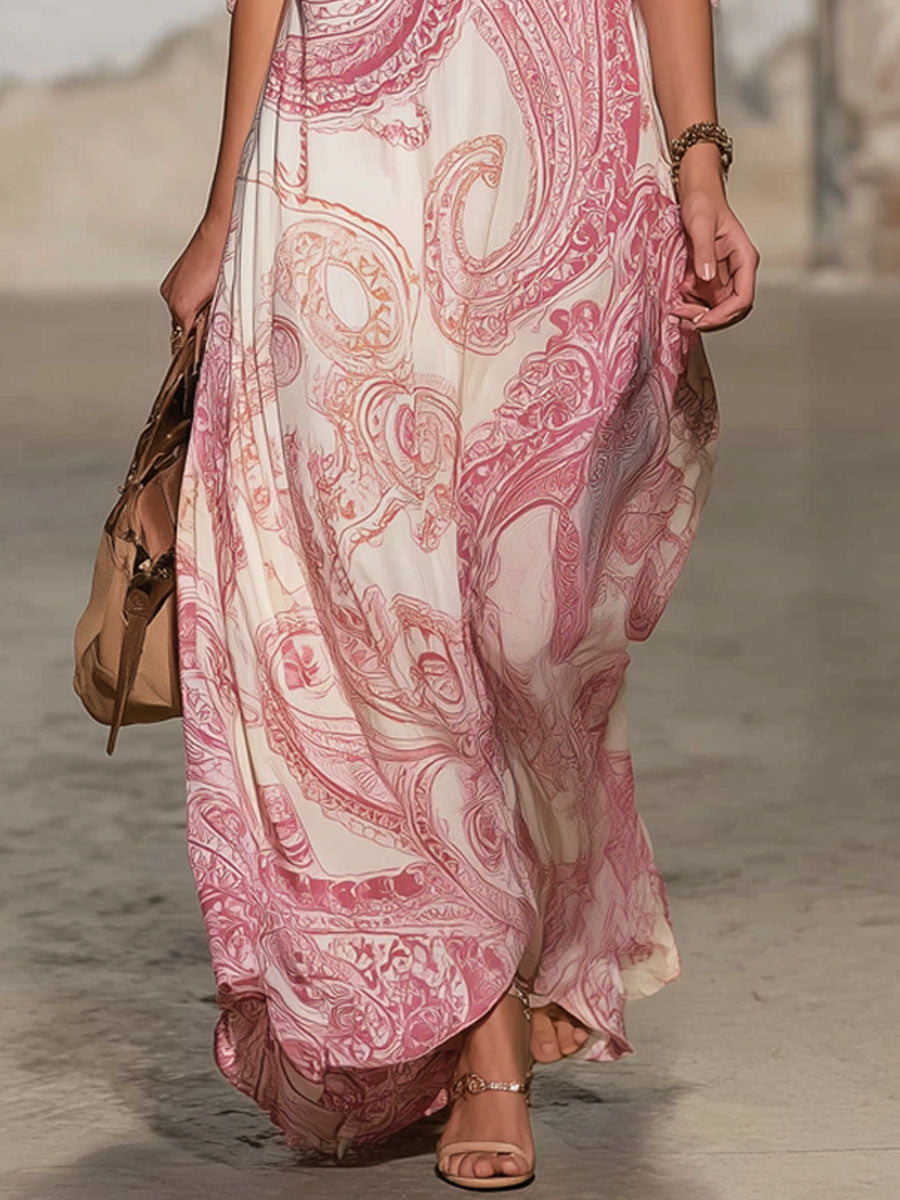 V-neck Paisley Print Cold Shoulder Chiffon Short-sleeved Maxi Dress