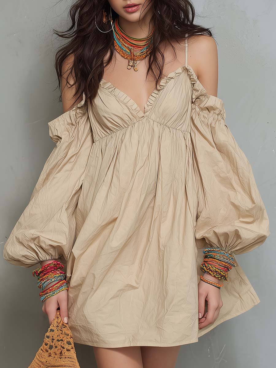 Boho Puff-Sleeve Cotton Mini Dress