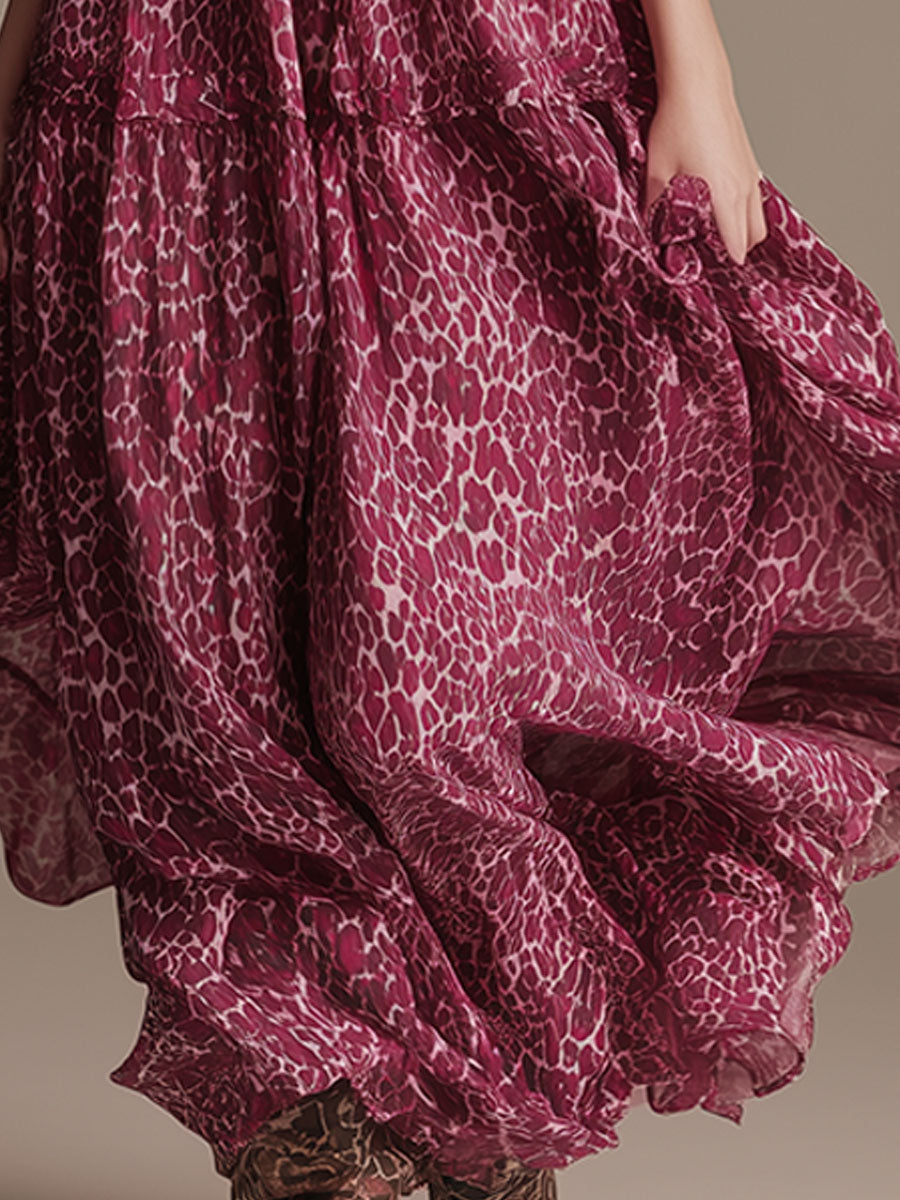 Stylish Retro Pink Leopard Print Strappy Chiffon Maxi Dress