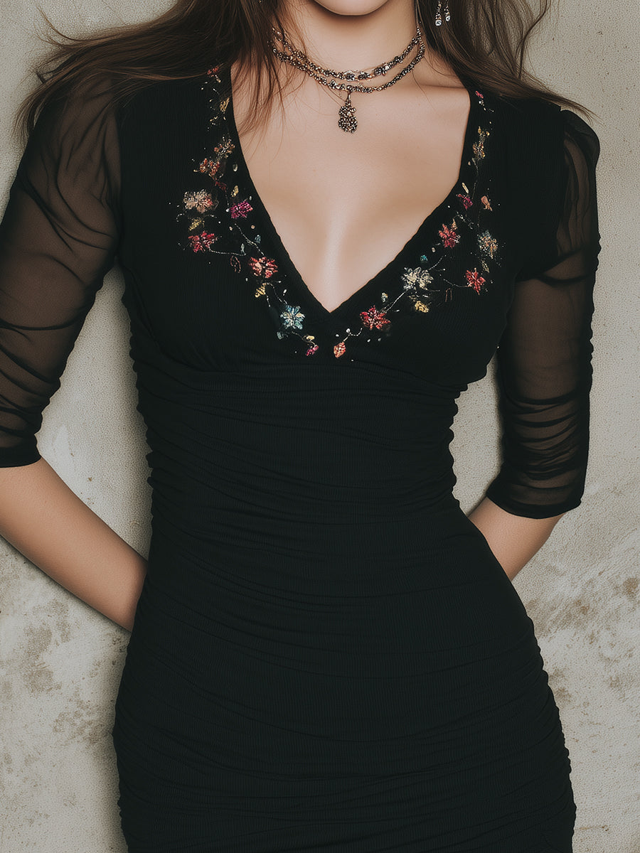 Vintage Floral Embroidered Mini Dress With Chiffon Sleeves