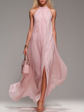 Comfortable And Elegant Halter Neck Sleeveless Slit Chiffon Maxi Dress